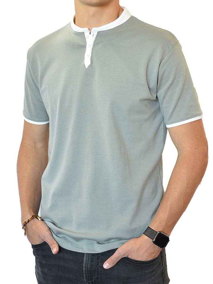 Short Sleeve Henley (Sea Gray & White) for wholesale by SpearPoint Apparel