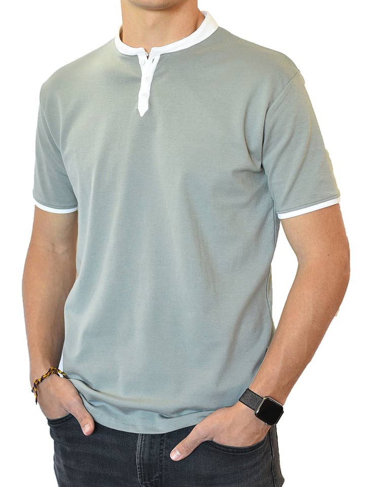Manga Curta Henley (Sea Grey & White) por atacado de SpearPoint Apparel