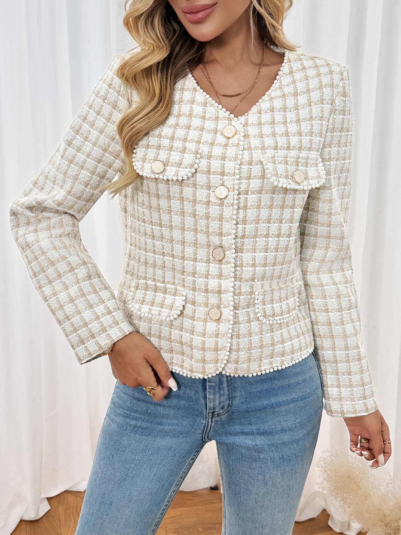 Beige Plaid Tweed Button-Up Jacket with Pearl Trim for wholesale on Faire4