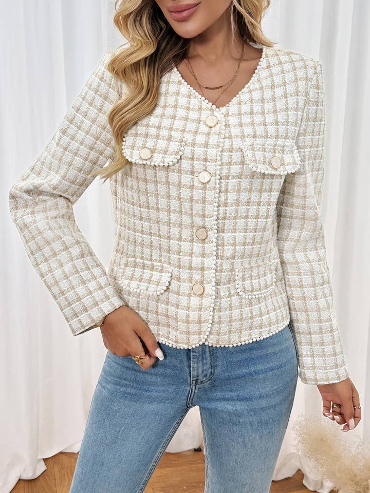 Beige Plaid Tweed Button-Up Jacket with Pearl Trim for wholesale on Faire4