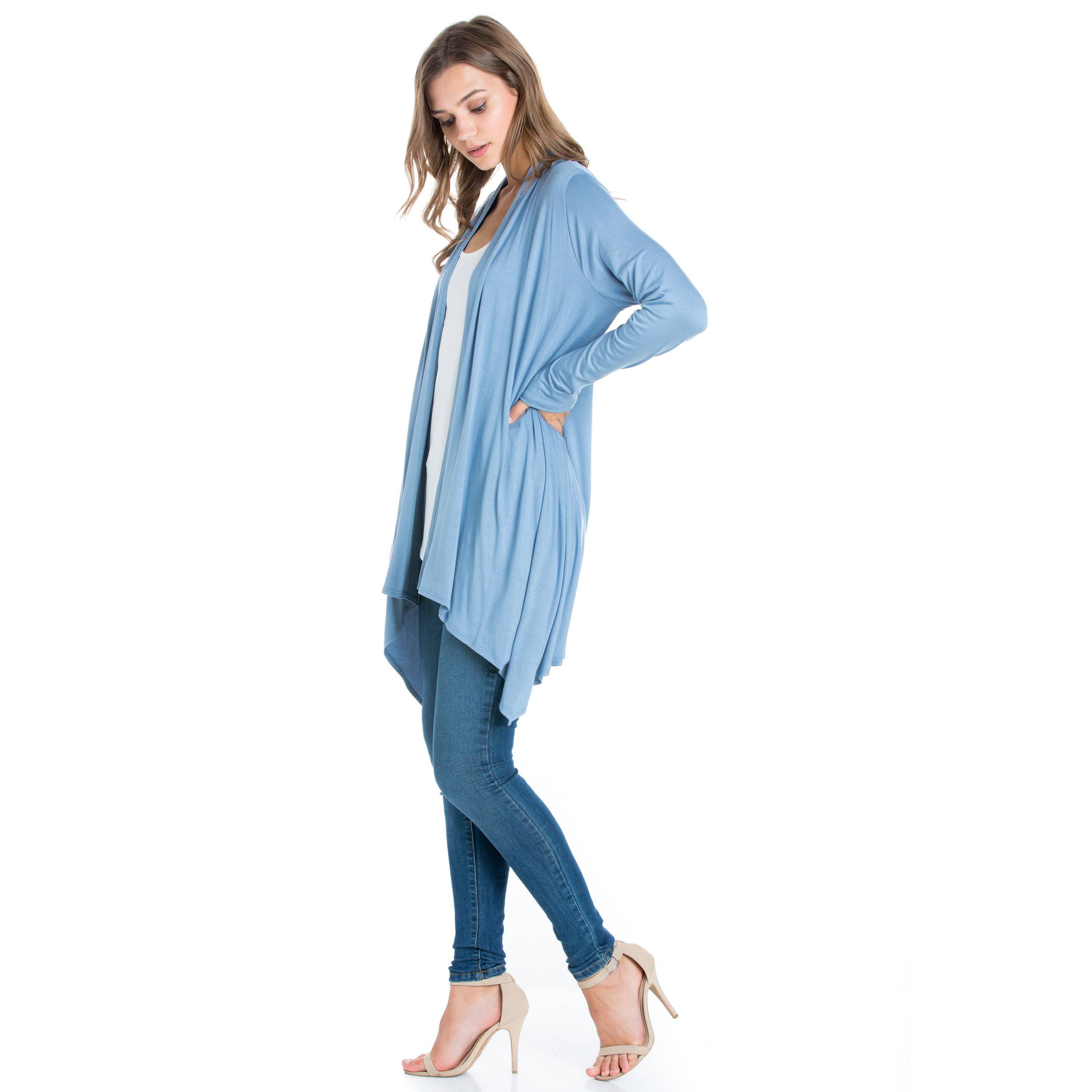 Azules Clothing – Großhandel Strickjacke – Damen – AJK-3006RS Langärmeliger Cardigan mit offenem Vorderteil und Wasserfallausschnitt20