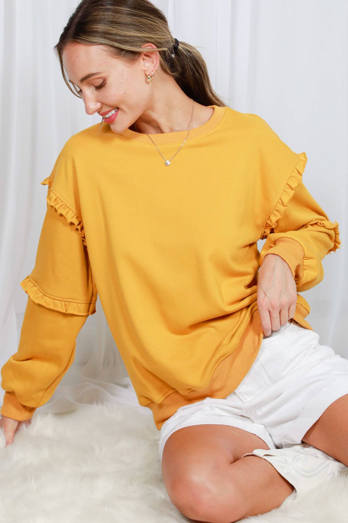 Vine & Love - Wholesale Sweatshirt - Women's - Crew Neck Ruffle Detail French Terry Sweatshirt VT700832