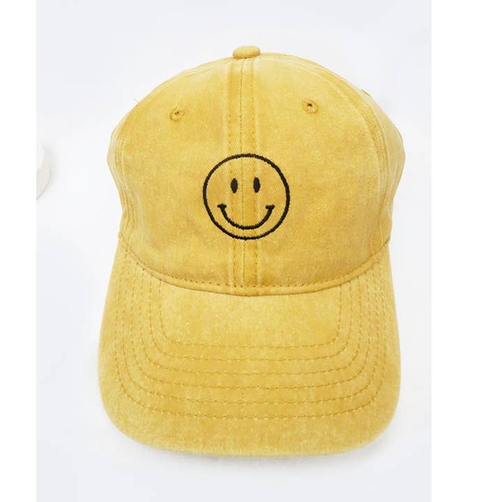 Smile Face Embroidered Washed Baseball Cap for wholesale by Love and Repeat