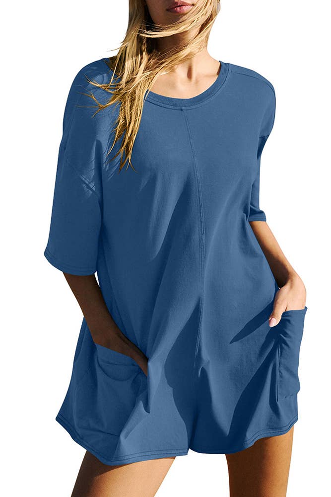 UNISHE - Wholesale Romper - Women's - Backless V Neck Short Sleeves Loose Pockets Romper ASJP07912