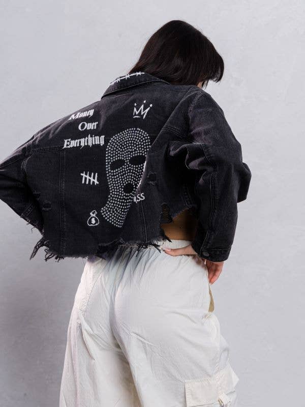 Trio Urban - Wholesale Denim Jacket - Women's - Ski Mask Rhinestones Crop Denim Jacket