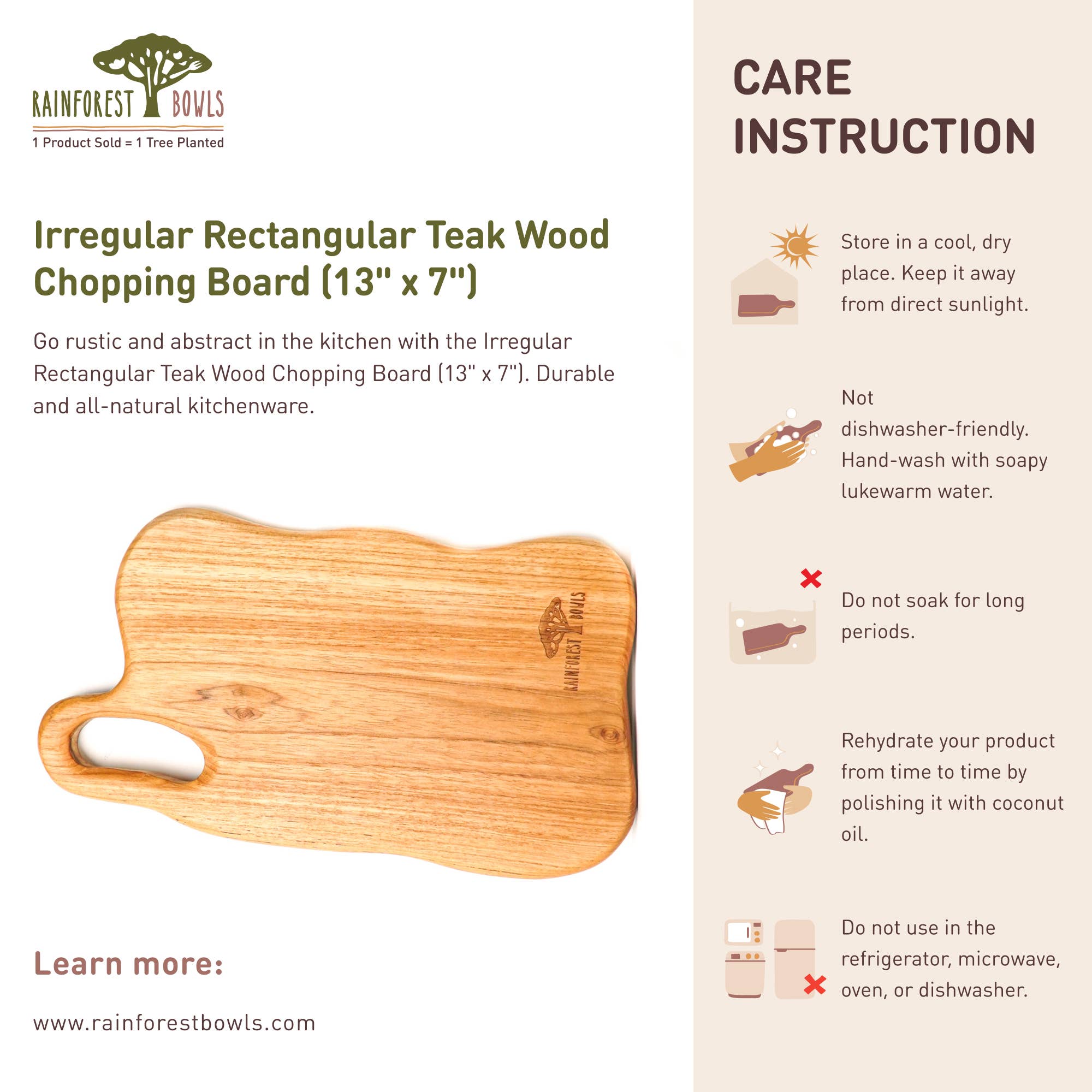 Rainforest Bowls - Wholesale Cutting Board - Irregular Shaped Teak Wood Chopping Board (13x7) with Handle9