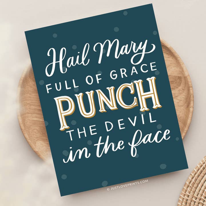Hail Mary Punch the Devil Greeting Card for wholesale by Just Love Prints - Catholic Stickers & Gifts