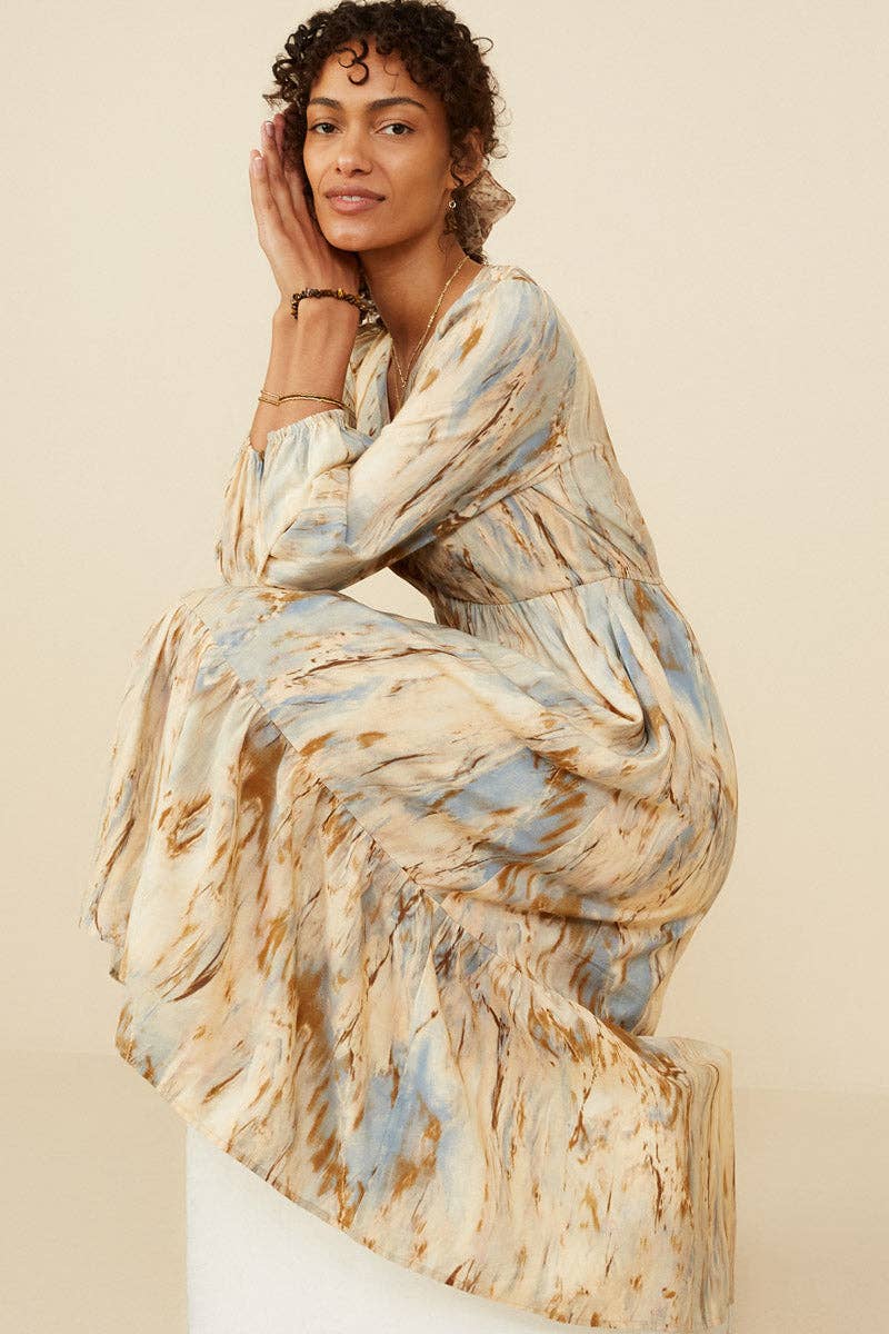 Taupe Womens Oil Print Long Sleeve Gathered Bust Dress for wholesale on Faire