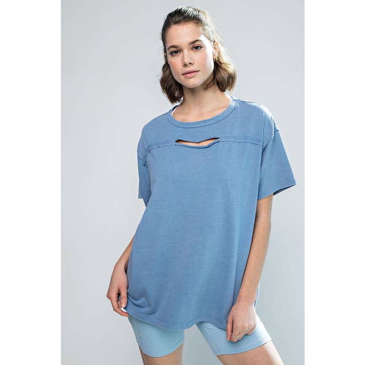 Rae Mode - Wholesale Shirt - Women's - MINERAL WASH SHORT SLEEVE TOP WITH CHEST KEYHOLE