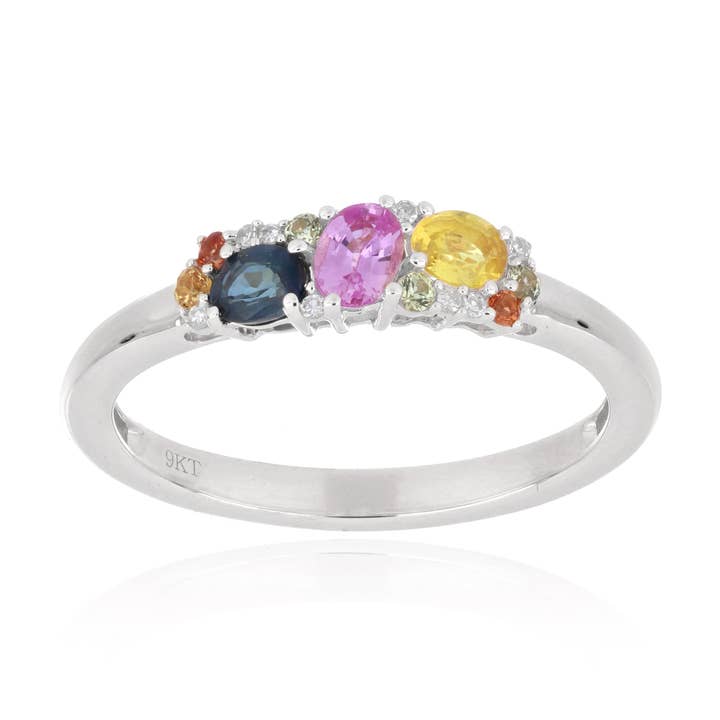 Anillo de zafiro múltiple con diamante EF-VS 0.80ctw en oro amarillo de 9KT para venta al por mayor de Jaipur Jewelry