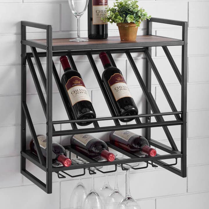 Modern Wall Mount Metal Wine Rack with Shelf & Stemware Rack for wholesale by Danya B