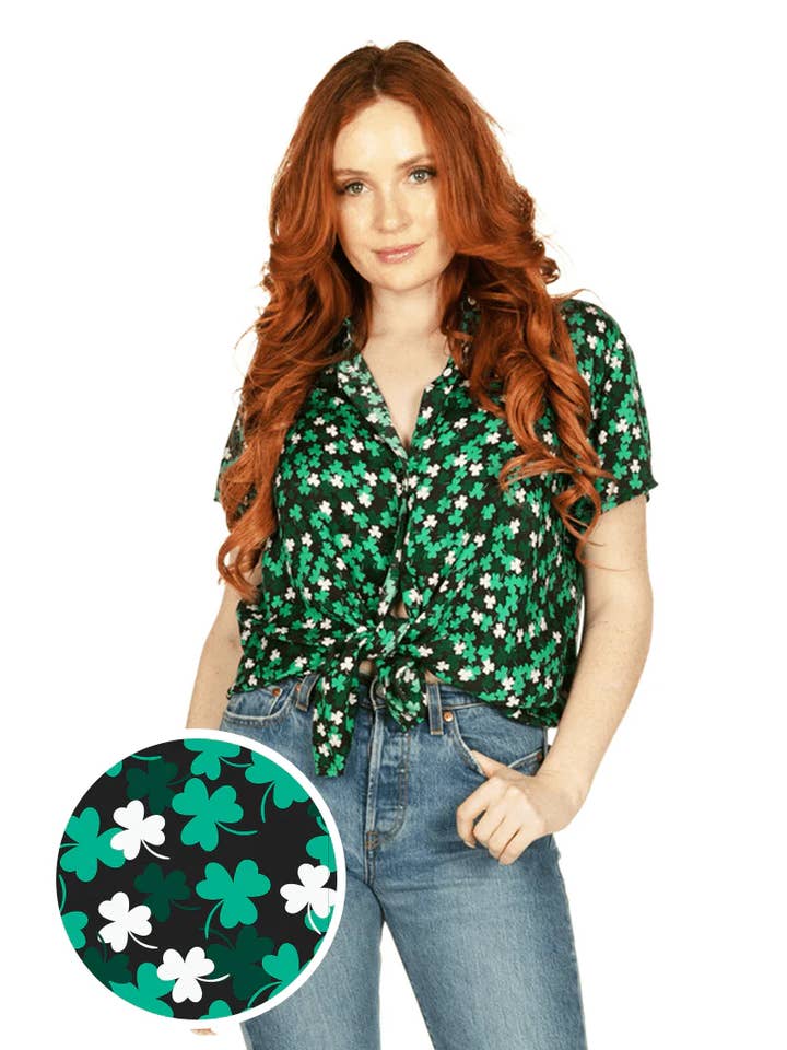 Women's Clover Floral St. Patrick's Day Button Down Shirt for wholesale by Tipsy Elves