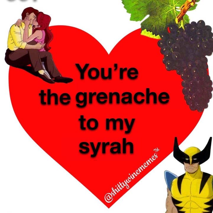Pegatina de San Valentín «Tú eres la garnacha para mi Syrah» para venta al por mayor de Shitty Wine Memes