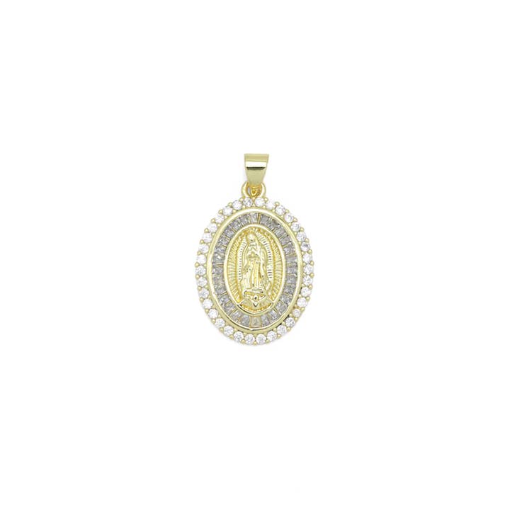 BestBeads&Beyond - Wholesale Individual Charm/Pendant - Clear Baguette CZ Gold Virgin Mary On Oval Charm Pendant, Sku#LX776