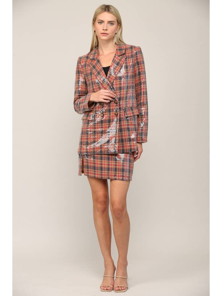 RED NAVY PLAID SEQUIN DOUBLE BREASTED BLAZER FJ74003 for wholesale on Faire
