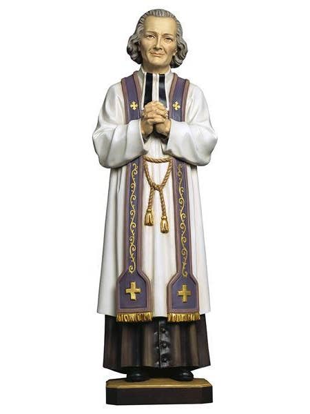 Statue of Saint Curé of Ars in carved wood for wholesale by Costa Articoli Religiosi