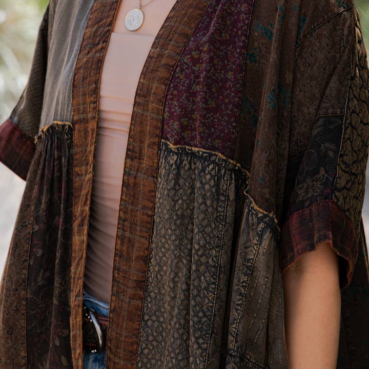 Young Threads - Wholesale Kimono - Women's - Mixed Patch Kimono Shrug with Draped Asymmetric Hem3