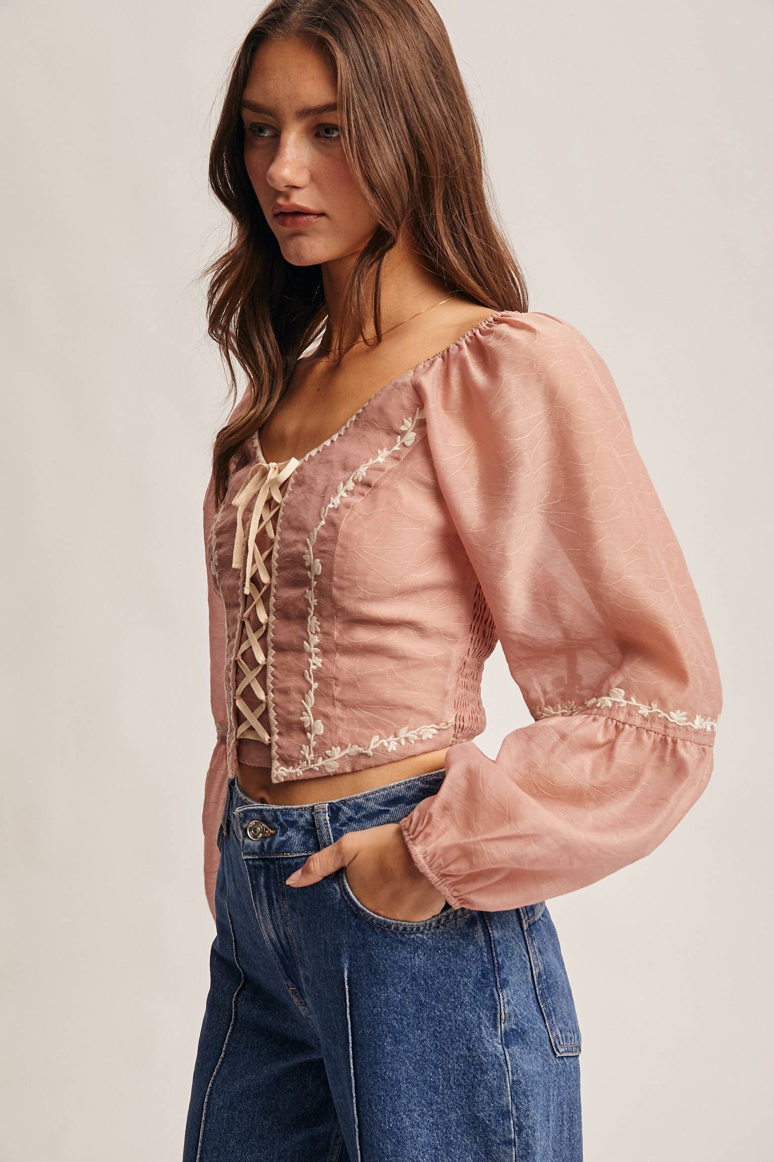 Forte - Wholesale Blouse - Women's - Lace-Up Embroidered Puff Sleeve Top FT0007 5