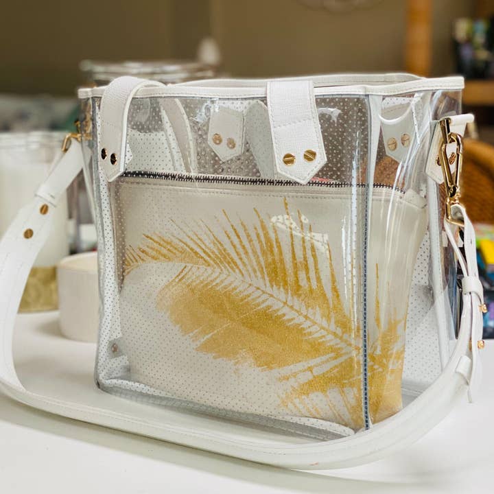 Gameday Bag - White Leather / Clear PVC / Gold Hardware for wholesale on Faire5