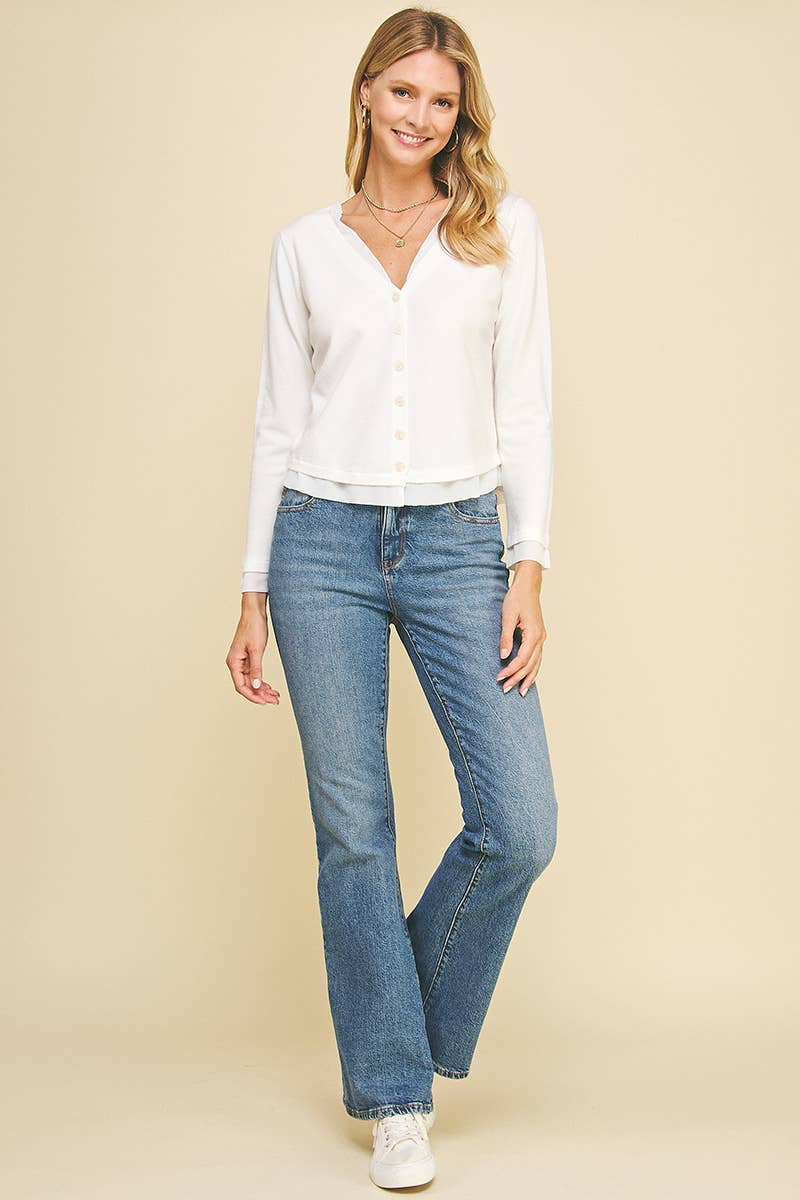 PINCH - Wholesale Knit Top - Women's - V-NECK WOVEN COMBO CARDIGAN TOP - 5831W22