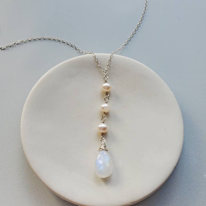 Pearl Moonstone Y Necklace, Bridal Necklace for wholesale by Carrie Whelan Designs