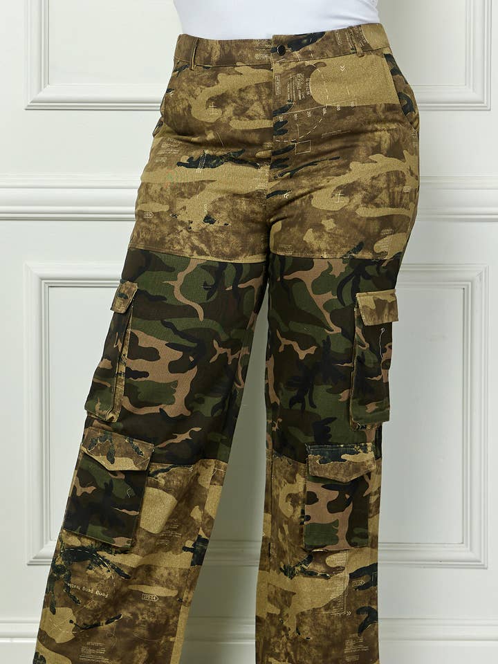 G Camou Plus Camo High Waisted Side Pockets Cargo Pants for wholesale on Faire