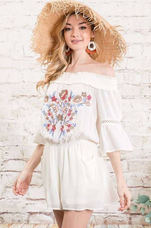 Beige FLORAL EMBROIDERED CUTOUT OFF-SHOULDER ROMPERS for wholesale on Faire2