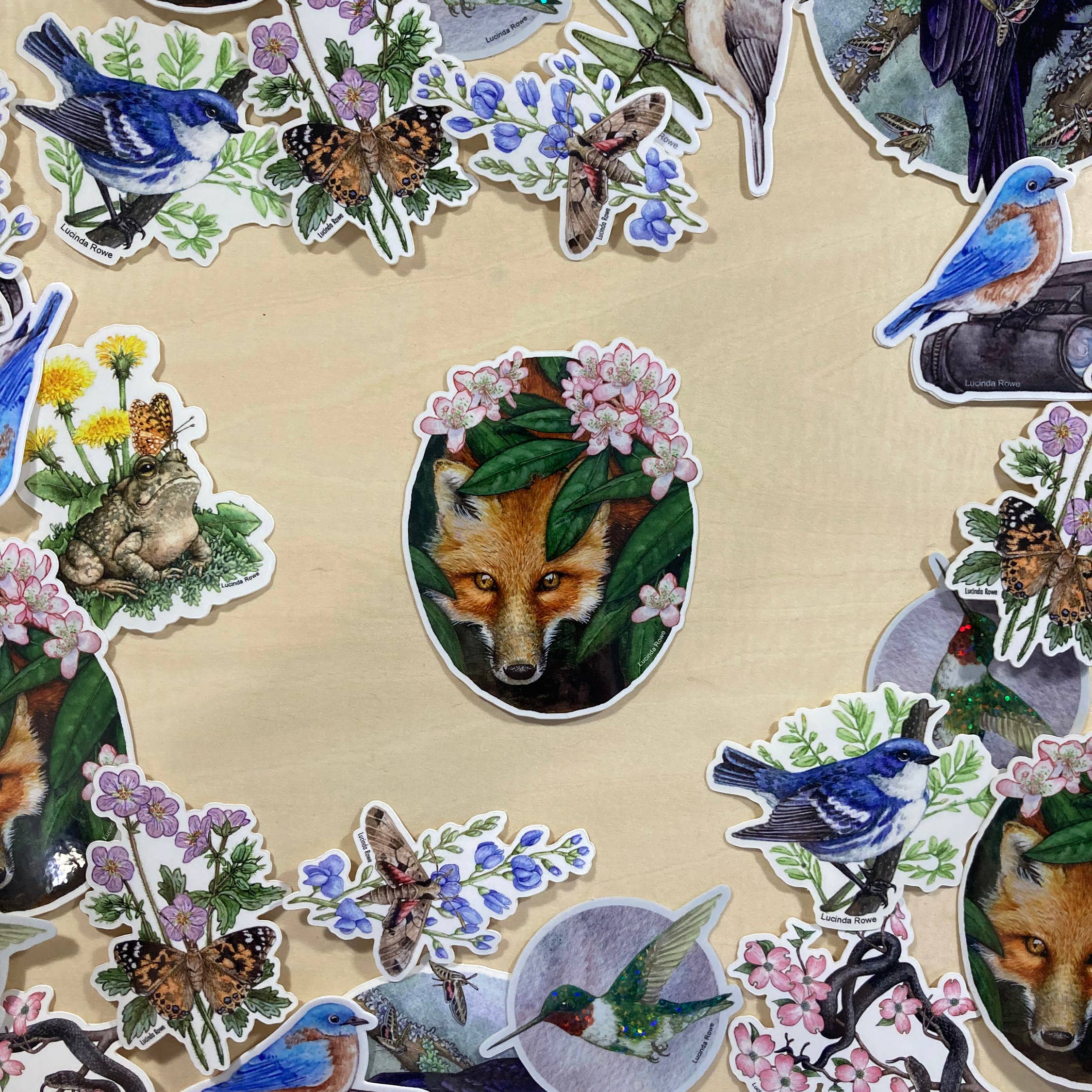 Lucinda Rowe Art - Wholesale Sticker - Sticker - Red Fox with Rhododendron2