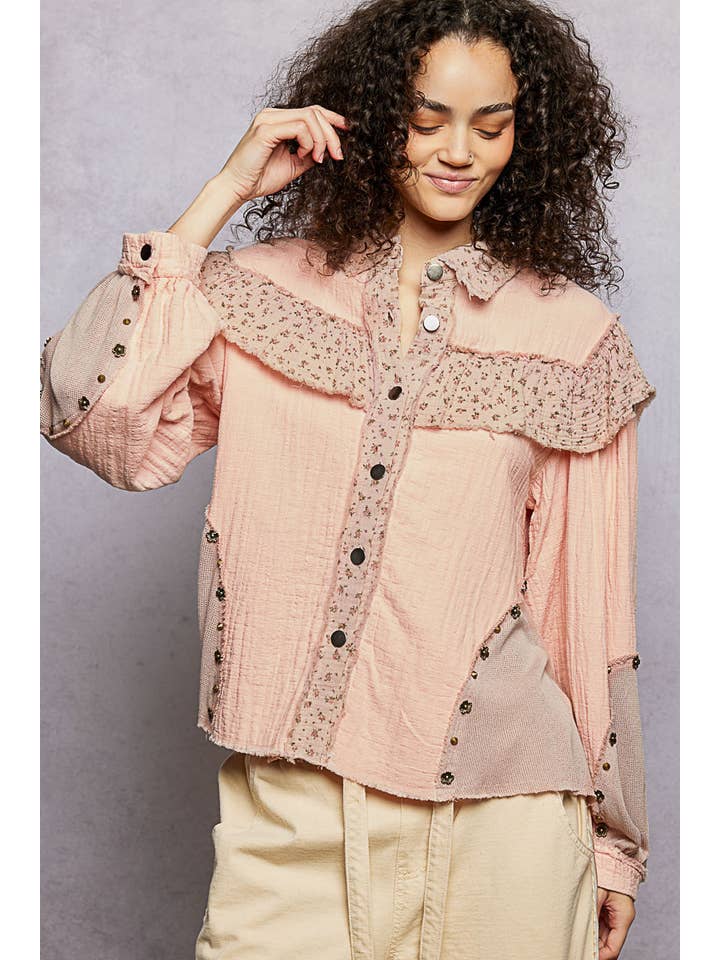 Pol Clothing - Wholesale Buttoned-down shirt – Women's - Balloon sleeve double gauze printed floral stud shirt SALE1