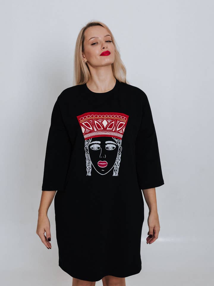 Black oversized dress with embroidered design for wholesale by RADADA