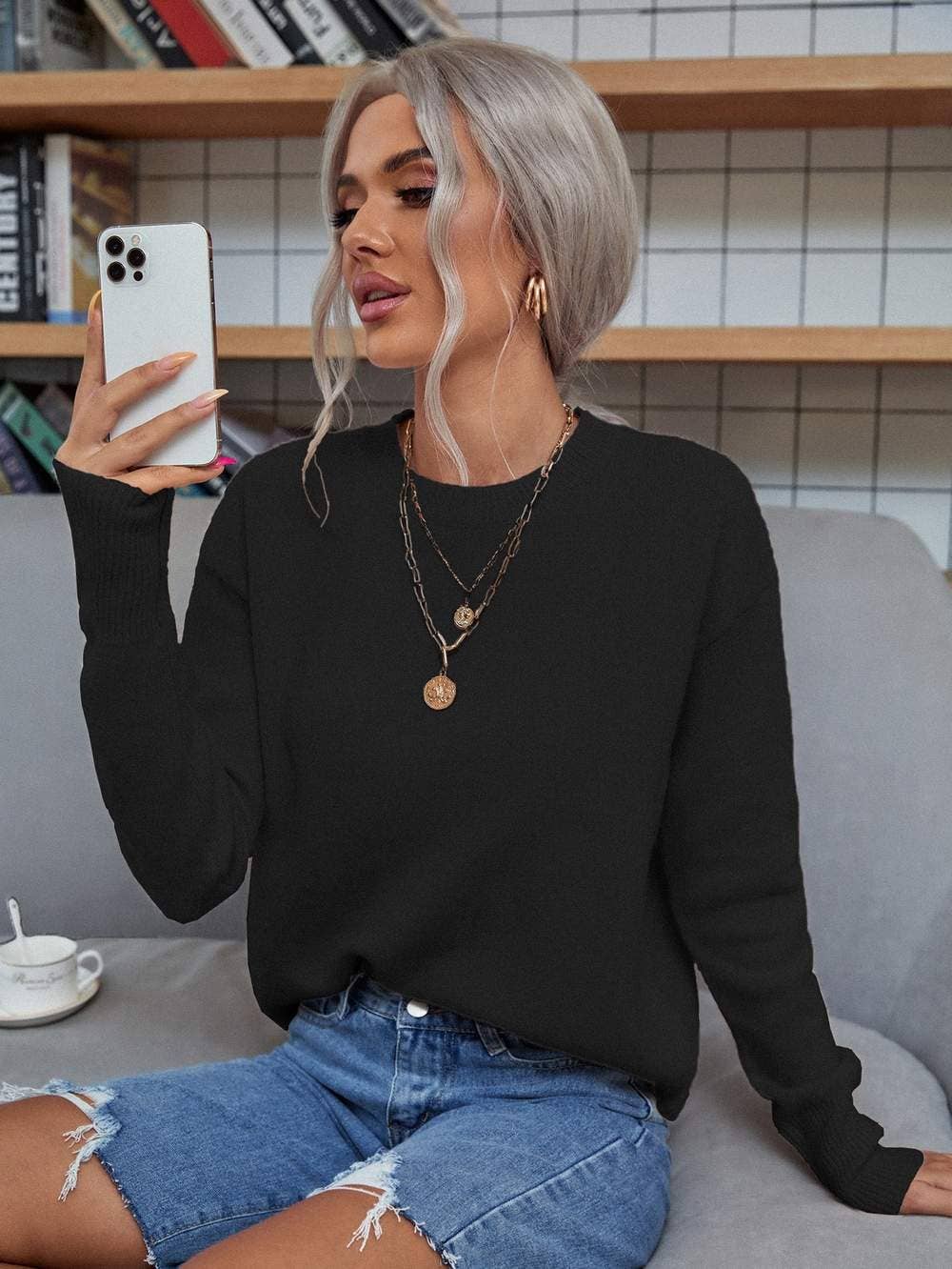 Fashion Combination – wholesale Knitted jumper – Women′s – solid drop shoulder sweater5