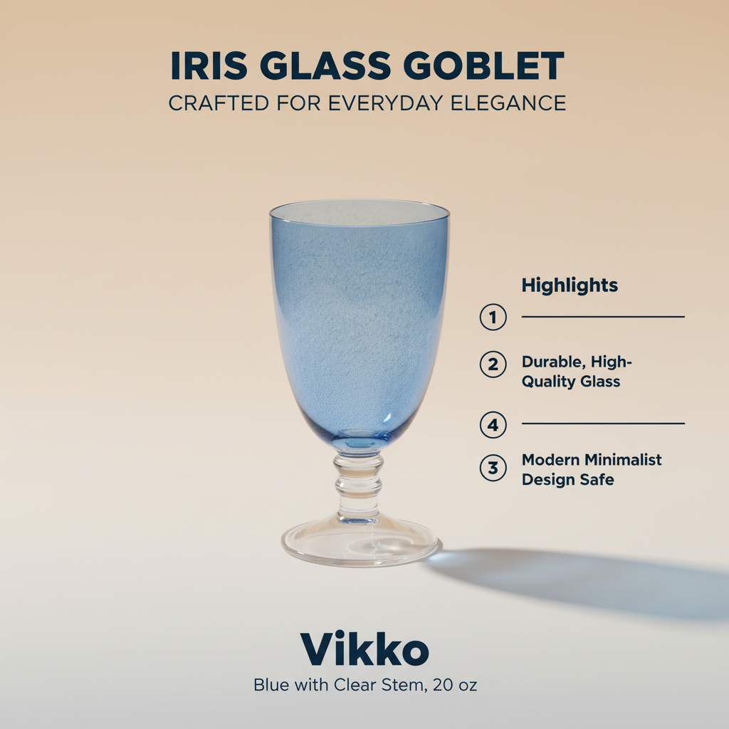 Kadra Kitchenware - Wholesale Wine Glass - Vikko - Iris, Glass Goblet, Blue with Clear Stem, 20 oz3