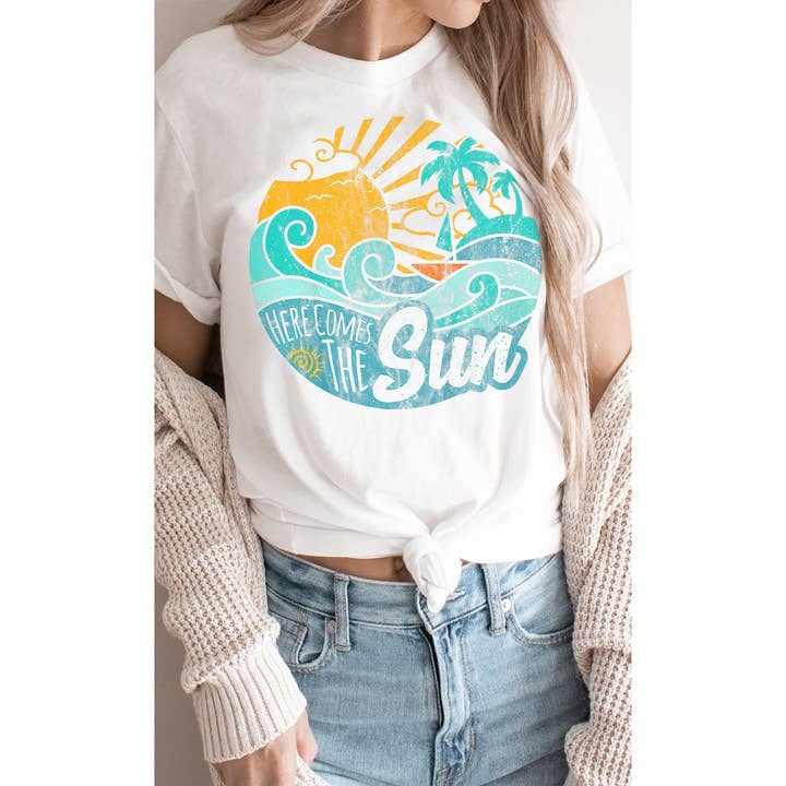 Kissed Apparel - Wholesale Screen Printed T-Shirt - Women's - Vintage Here Comes the Sun Beach Graphic Tee