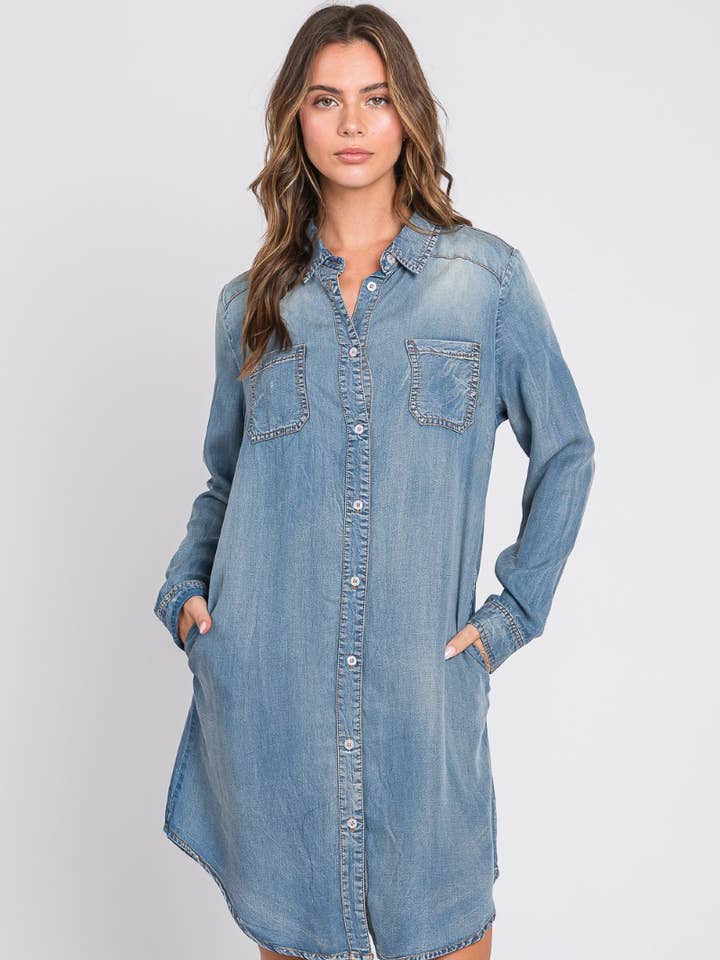 ZiA Apparel - Wholesale Dress - Women's - Washed Shirts Denim Dress