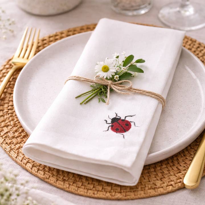 Embroidered Ladybug White 20" Dinner Napkin for wholesale by Fennco Styles