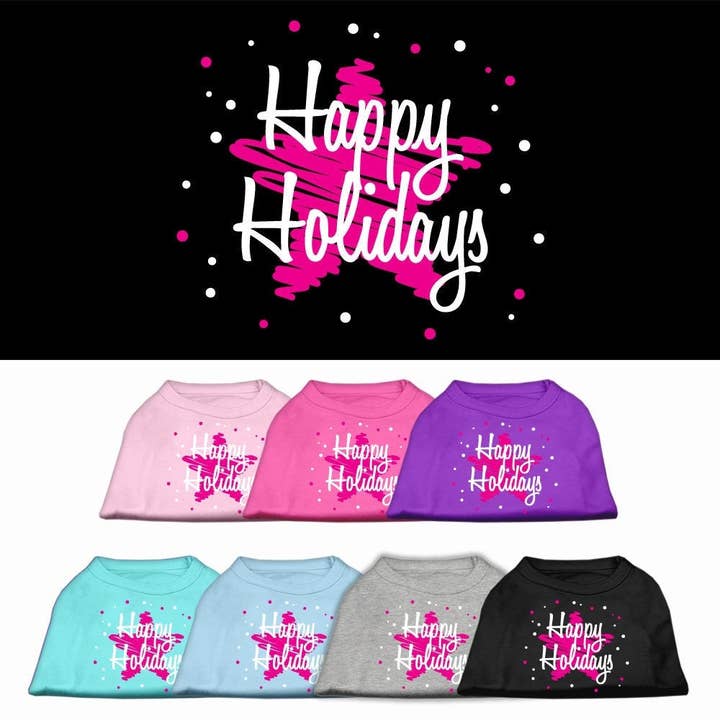 Christmas Screenprinted Dog Shirt, "Scribble Happy Holidays" for wholesale by As You Wish Apparel