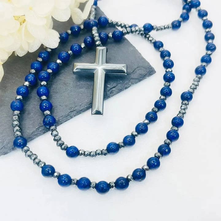 Tiger Eye Lapis Lazuli Cross Men Rosary Necklace for wholesale by GemMeet