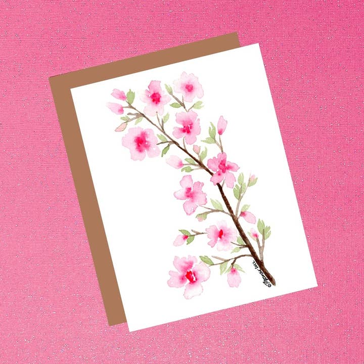 Pink Cherry Blossom bloemenaquarelkaart - Bloemenkaart voor wholesale door Tiffany Ascensio Designs | Watercolor Greeting Cards