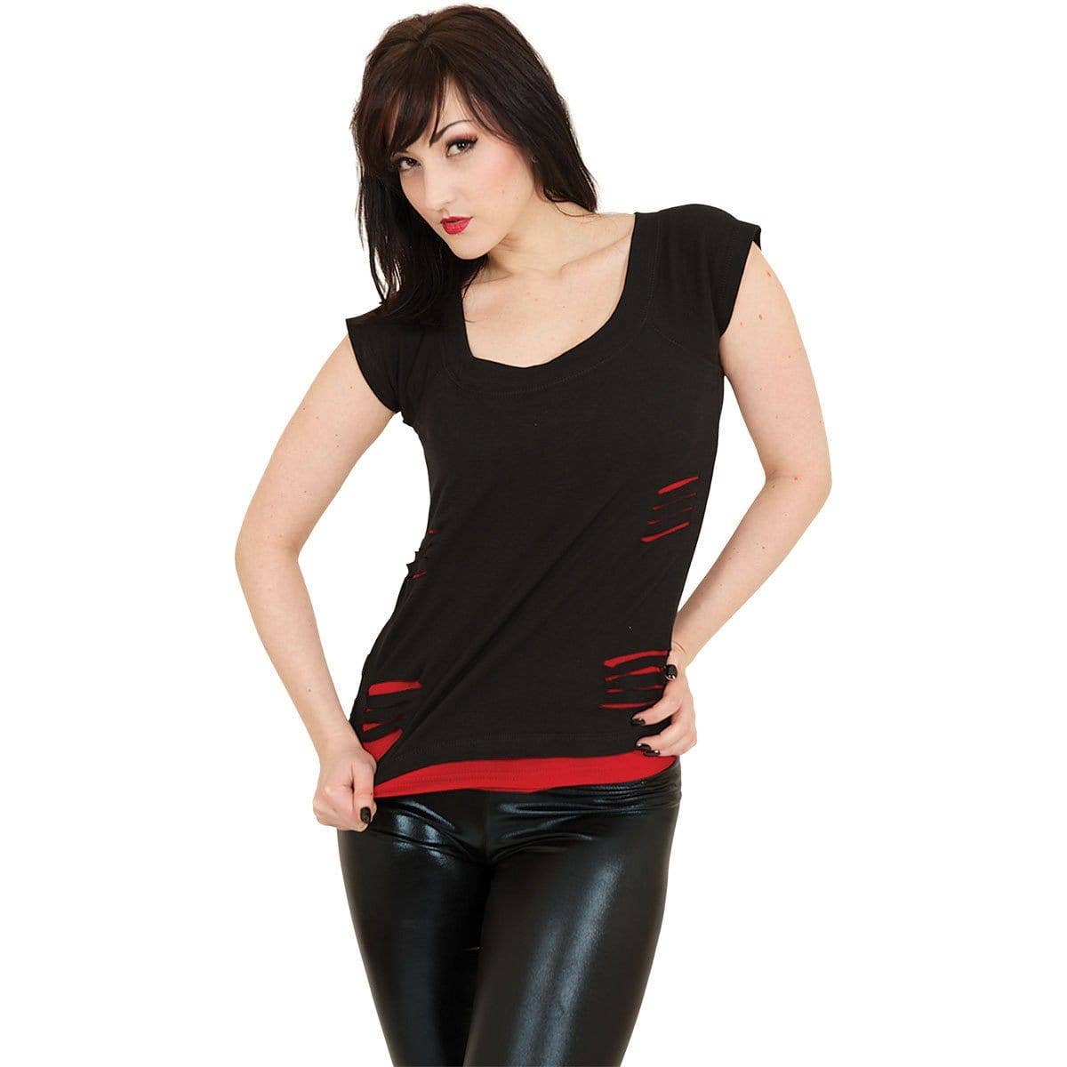 Spiral - Wholesale T-Shirt - Women's - URBAN FASHION - 2in1 Red Ripped Top Black1