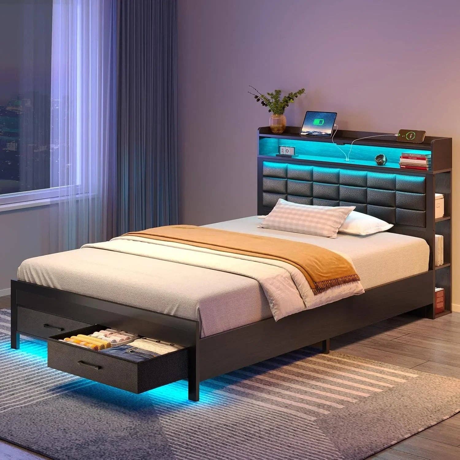 American Smart - Wholesale Bed - Bed Frame with Storage Headboard & 2 Drawers,Upholstered Platform Bed with Charging Station & LED Light,Heavy Duty Frame Support3