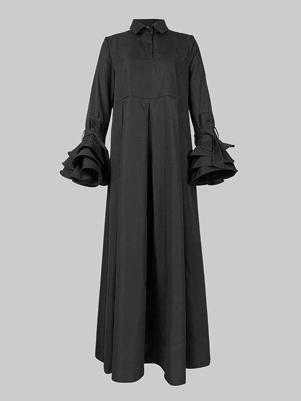 Sheer Trend - Wholesale Dress - Women's - Flared Sleeve Pleated Solid Split Lapel Shirt Dress