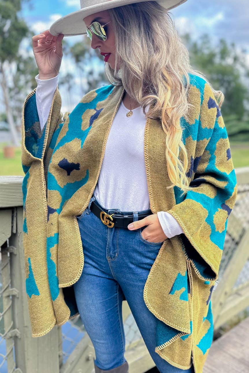 Teal Leopard Printed Knitted Cozy Cardigan for wholesale on Faire1