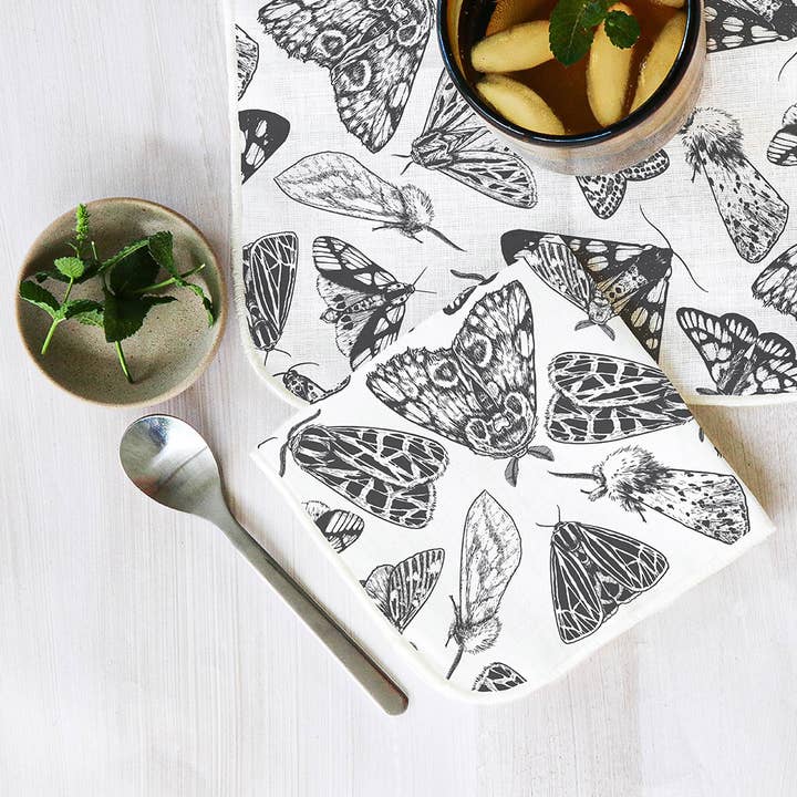 Moths Cocktail Napkin Set of 4 Linen for wholesale by Muse Textiles
