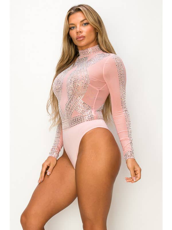 Mauve BCCBS44102 Rhinestone Mesh Long Sleeve Bodysuit - Sale for wholesale on Faire