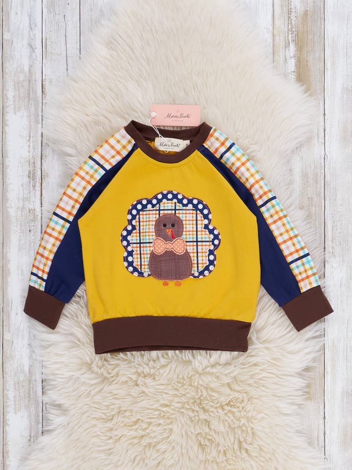 Yellow Plaid Embroidered Turkey Shirt for wholesale by Marie Nicole Clothing