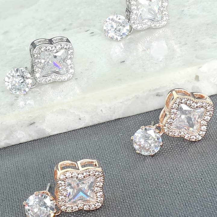 SP Sophia Collection - Wholesale Dangle Earrings - 2-Tier Gold Plated CZ Quatrefoil Drop Earrings1