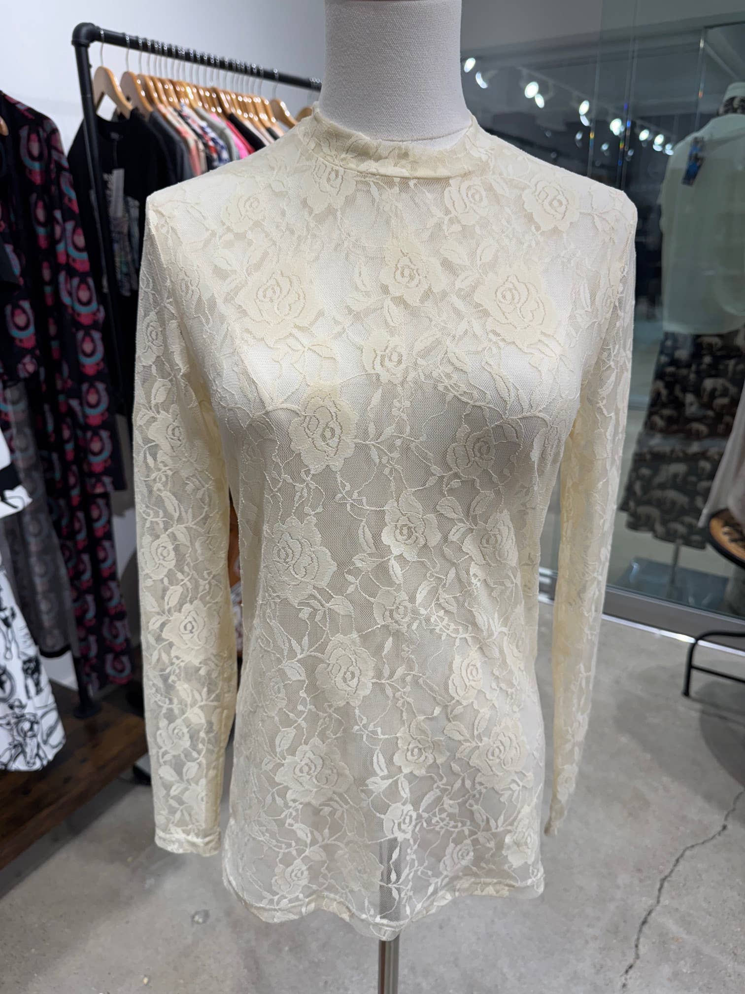 Rockin A Design - Wholesale Blouse - Women's - Cream Floral lace mesh layering long sleeve top