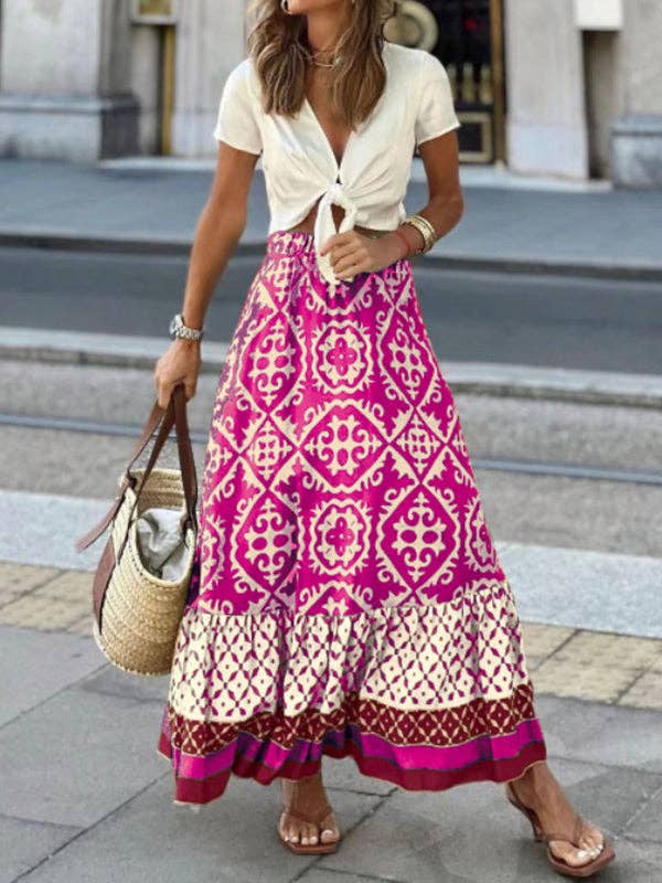 Sheer Trend - Wholesale Skirt - Women's - Loose Contrast Color Pleated Printed Skirts Bottoms4