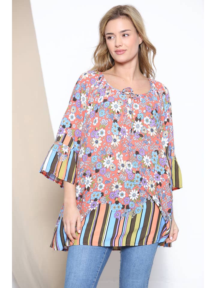 Lucy Sparks - Wholesale Tunic - Women's - Stripe trim floral top