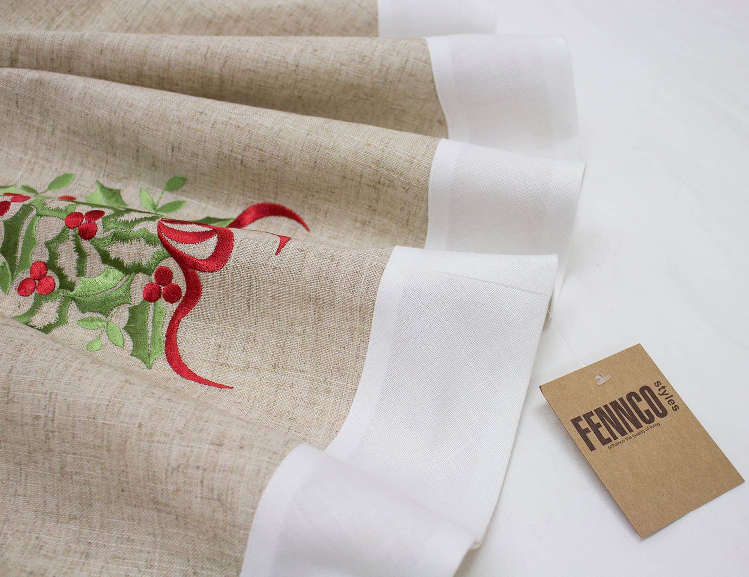 Fennco Styles - Wholesale Tree Skirt - White & Natural Embroidered Holly 53" Christmas Tree Skirt3